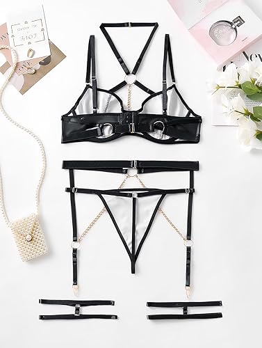 Sexy Pu Leather Strappy Underwire Garter Belt Lingerie Set