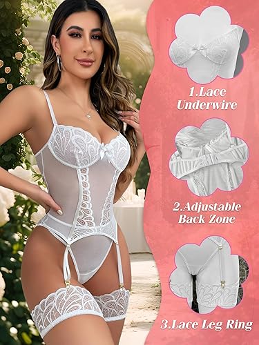 Sexy Lingerie Set for Women,Lace Lingerie Body suit Garter Belt and Thigh Highs Set Teddy Lingeries Wireless