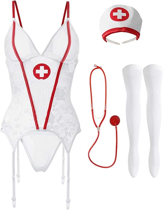 Naughty Nurse Lingerie Costume Doctor Uniform Cosplay Outfit for Women with Stethoscope