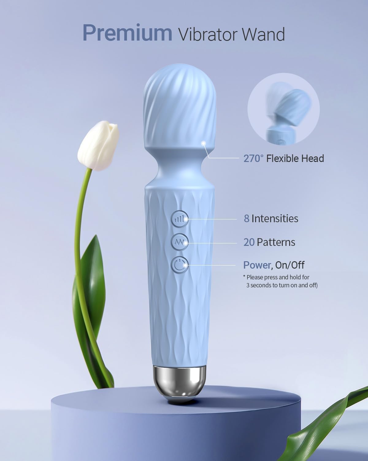 Vibrator Wand, G Spot Female Adult Sex Toys, Vibrators for Her, Wand Massager, Clit Stimulator Sex Toy, Dildo, with 8 Speeds of Pleasure & 20 Patterns, Powerful, Waterproof (Light Blue)