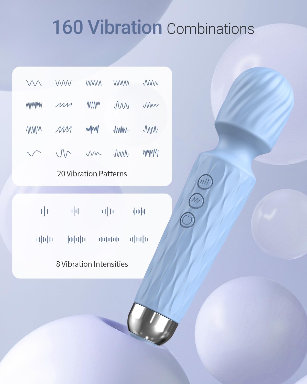 Vibrator Wand, G Spot Female Adult Sex Toys, Vibrators for Her, Wand Massager, Clit Stimulator Sex Toy, Dildo, with 8 Speeds of Pleasure & 20 Patterns, Powerful, Waterproof (Light Blue)