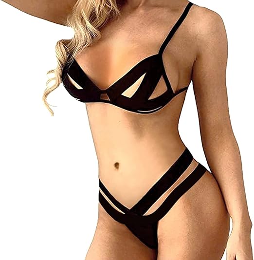 Women Strappy Bra and Panty Set Sexy Bandage Lingerie Set Elastic Harness Cage Cup Straps Bralette Top Mesh Underwear