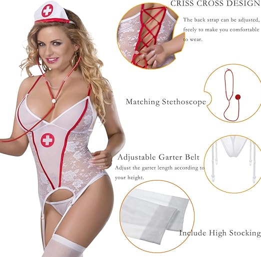 Naughty Nurse Lingerie Costume Doctor Uniform Cosplay Outfit for Women with Stethoscope